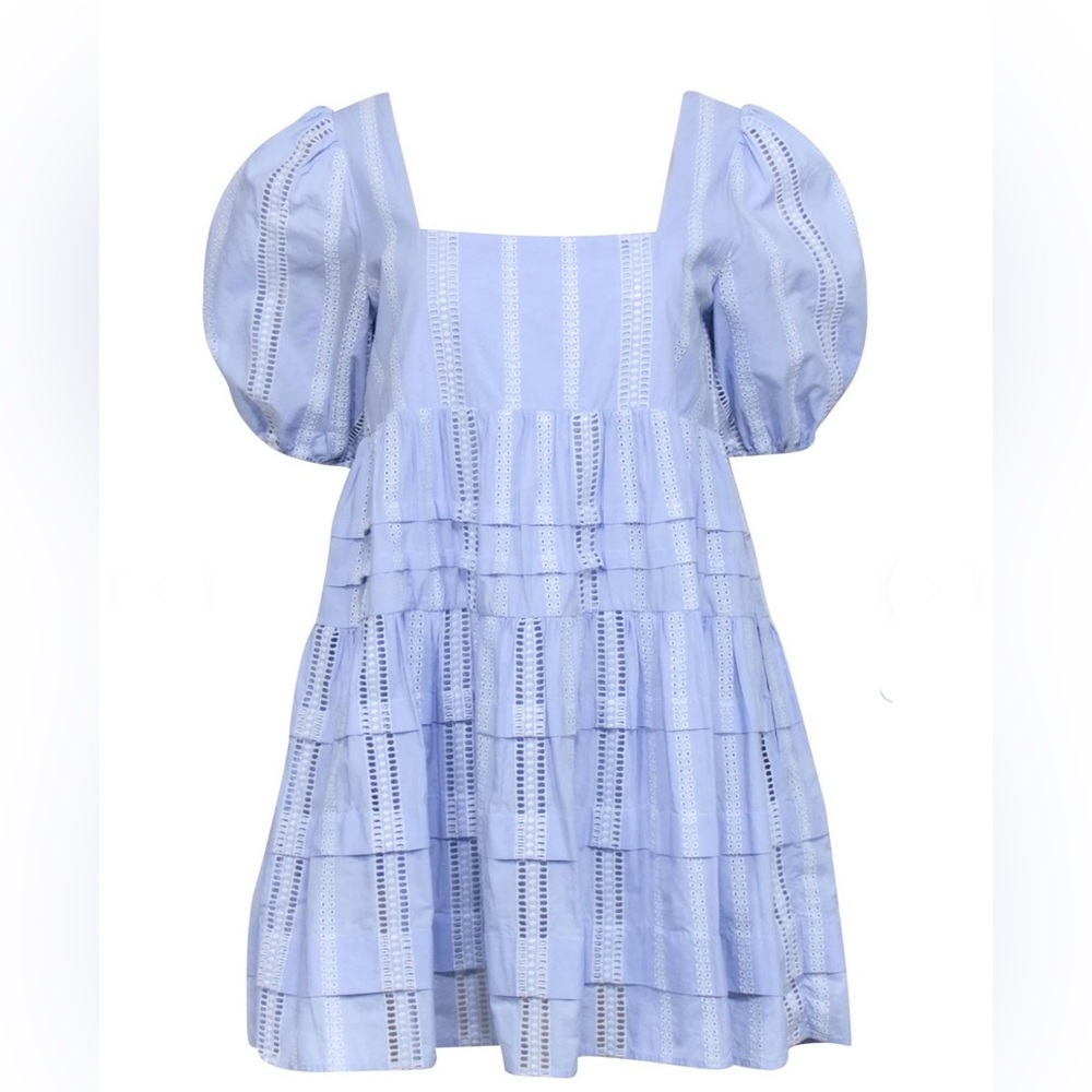 Maje - Radoll Broderie Anglaise-trim Cotton Dress In Blue Sky, Sz 40, Me…